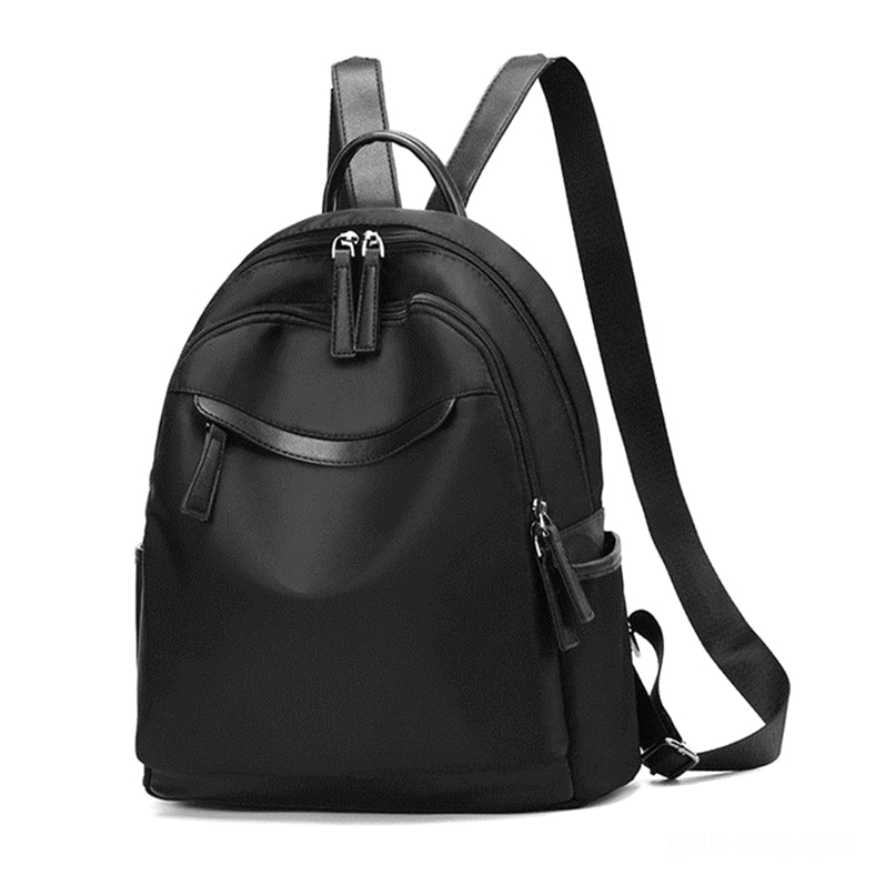 Black gothic oxford cloth backpack front view minimalist design leather trim