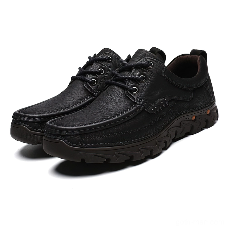 Pair of black genuine leather gothic lace-up oxford shoes matched set