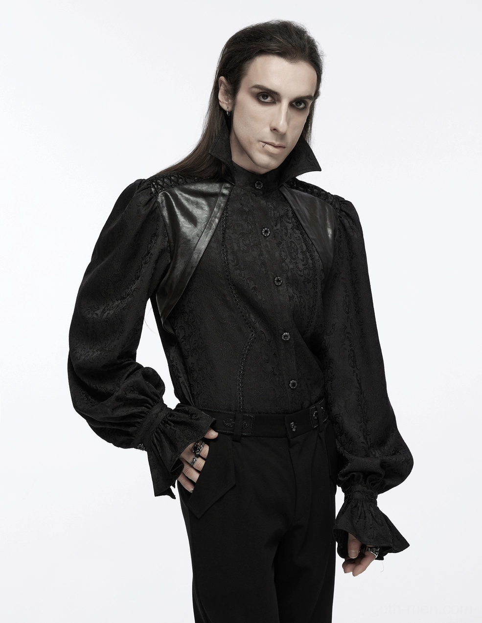 Black gothic palace-style shirt showing wire-reinforced stand collar architectural construction detail