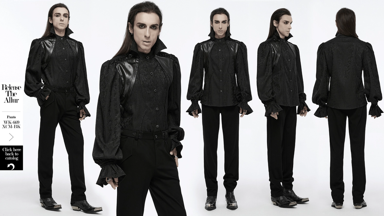 Black gothic palace-style shirt showing complete ensemble with stand collar, puff sleeves, and lace elements