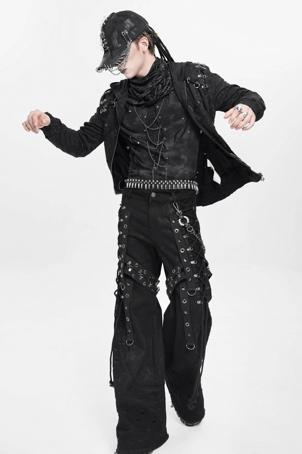 Black gothic wide leg pants featuring lace-up ankle detail and studded belt hardware