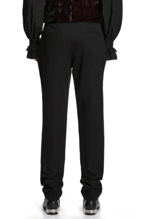 Black gothic embroidered pants back view on model displaying tailored rear silhouette