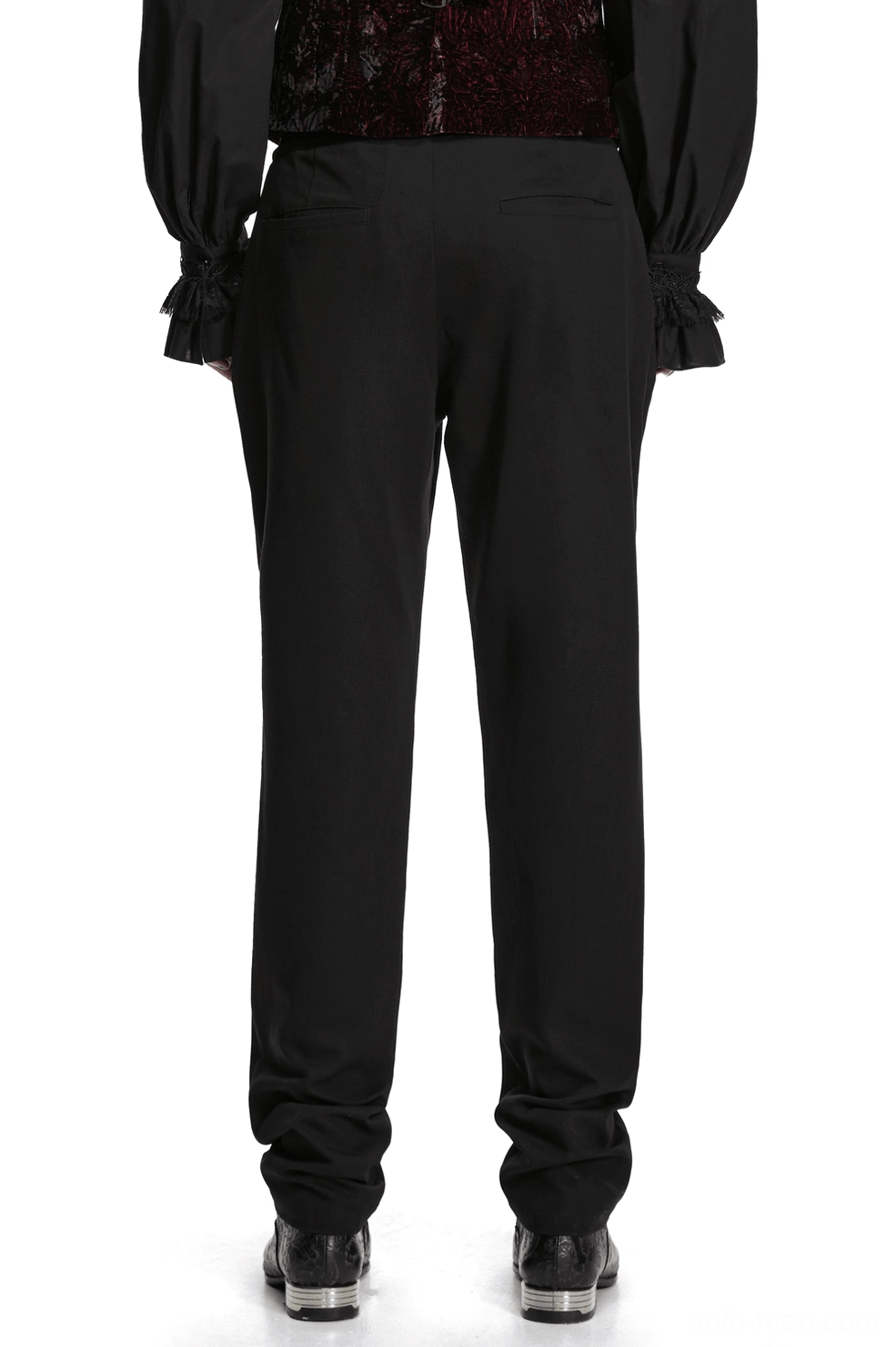 Black gothic embroidered pants back view on model displaying tailored rear silhouette