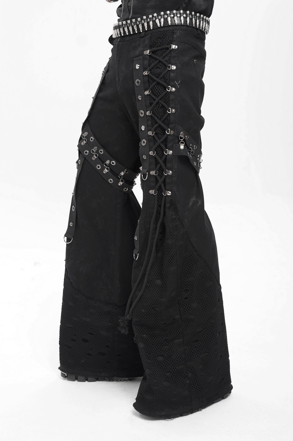 Black gothic wide leg pants calf area with mesh panel and grommet strap detail