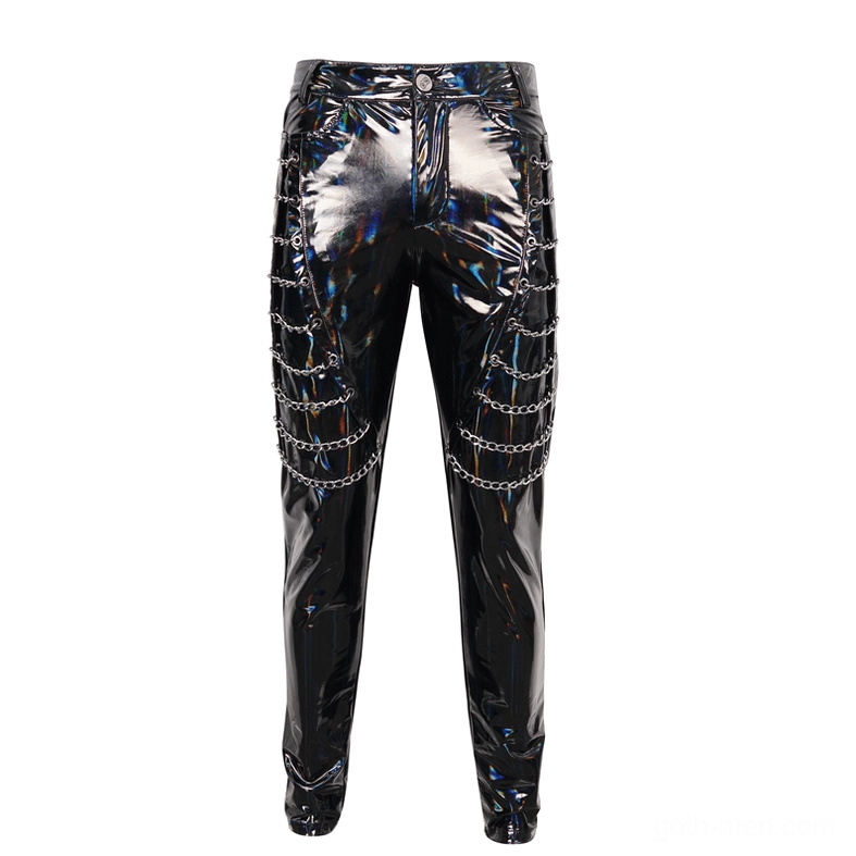 Punk patent leather pants flat lay front - black slim fit gothic trousers with side chain details