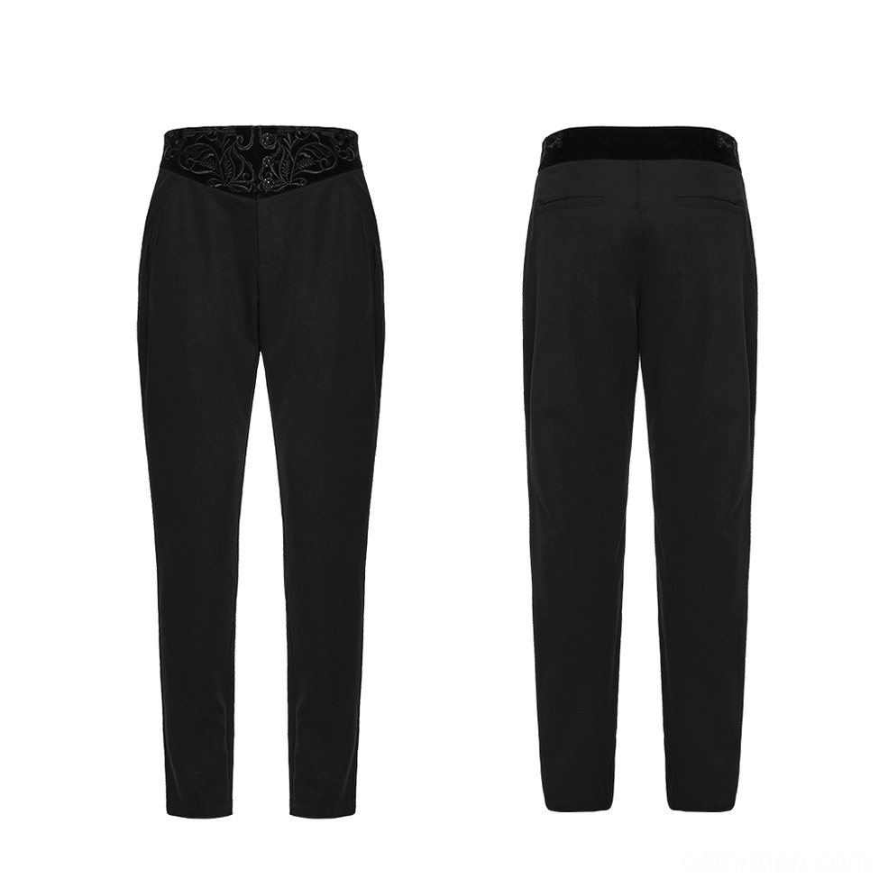 Black velvet embroidered gothic pants front and back product display on white background