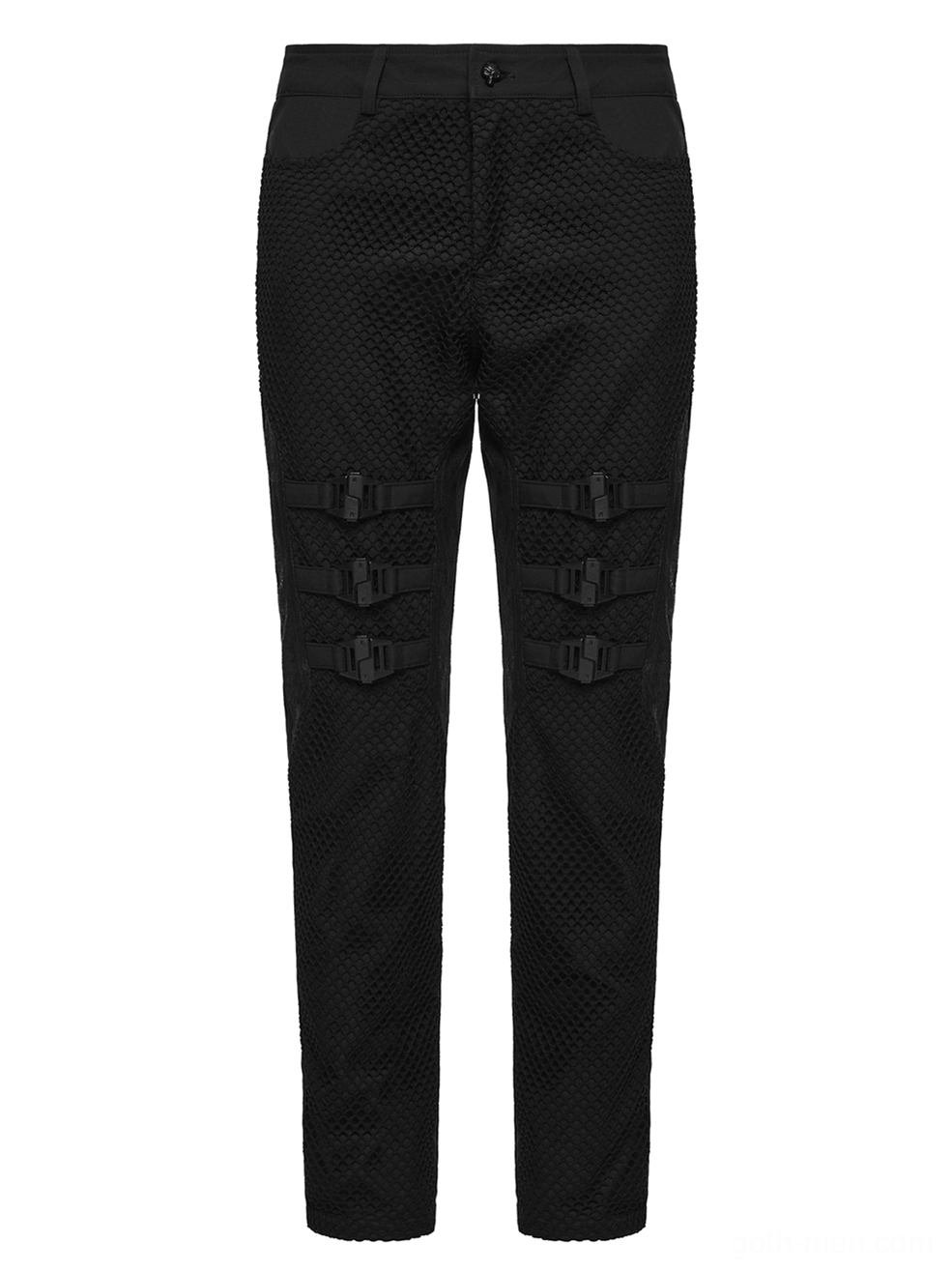 Black gothic pants with honeycomb mesh texture and buckle details - front view flat lay