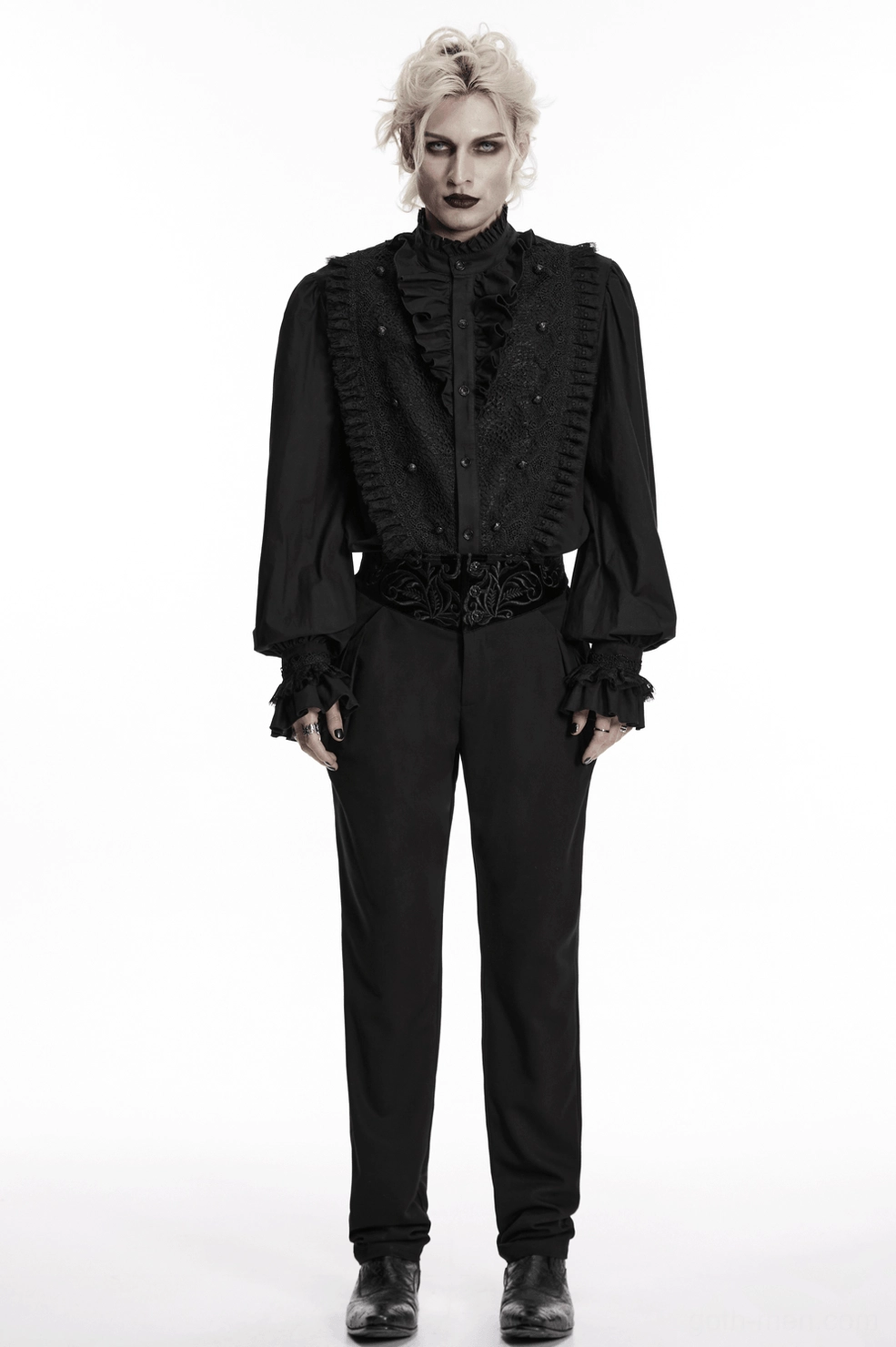 Black velvet embroidered gothic pants full product view on neutral background