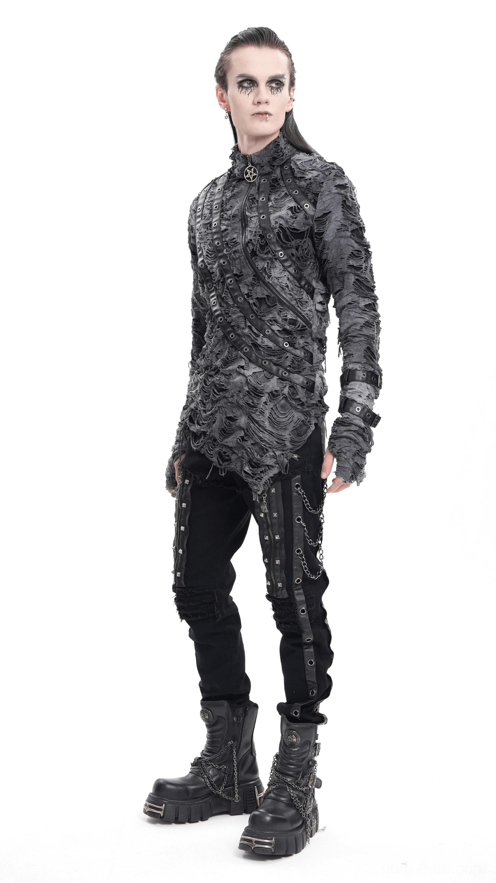 Full back view of black gothic slim-fit pants showing leather back pockets and overall rear design