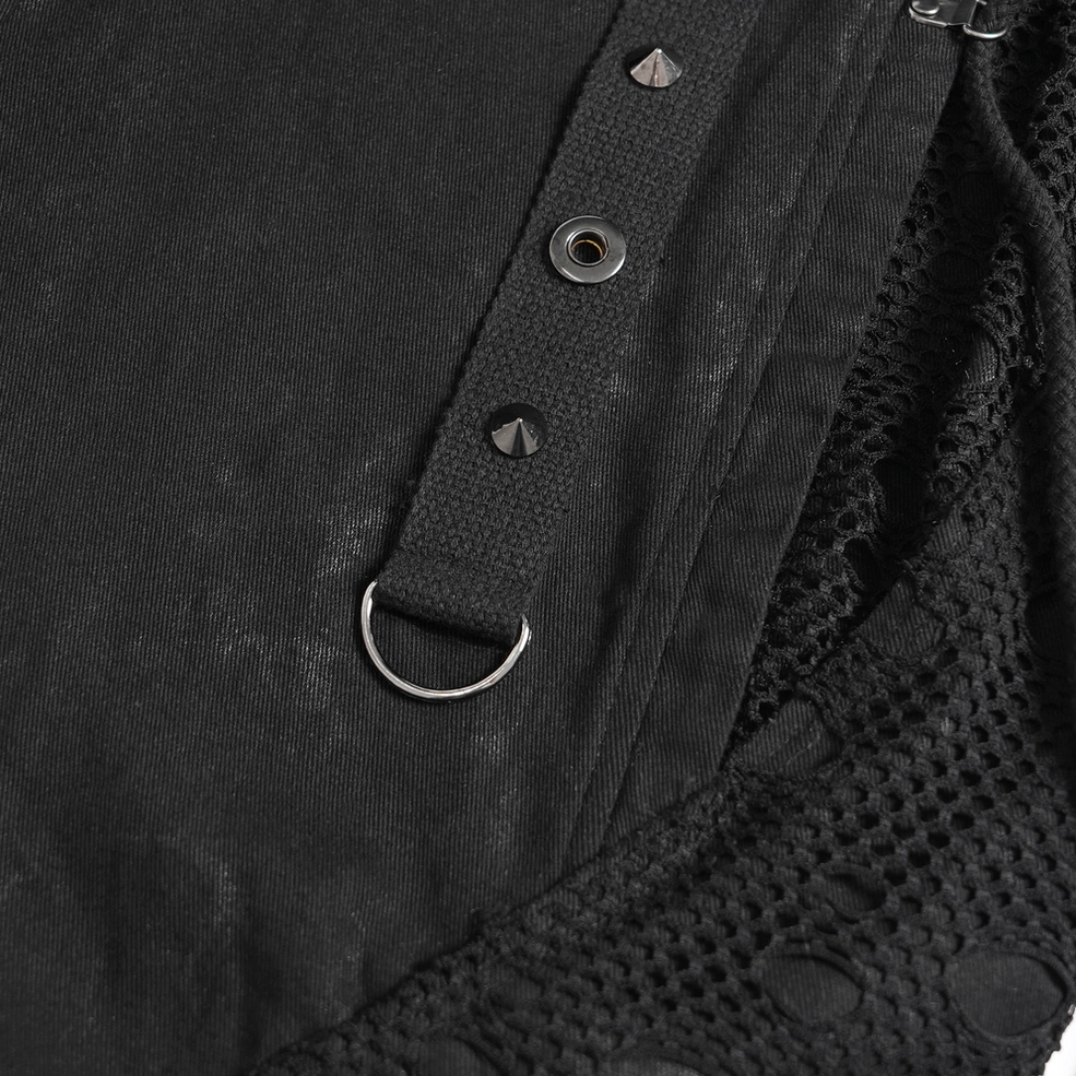 Black gothic punk pants leg opening and mesh panel detail with distressed cuffs