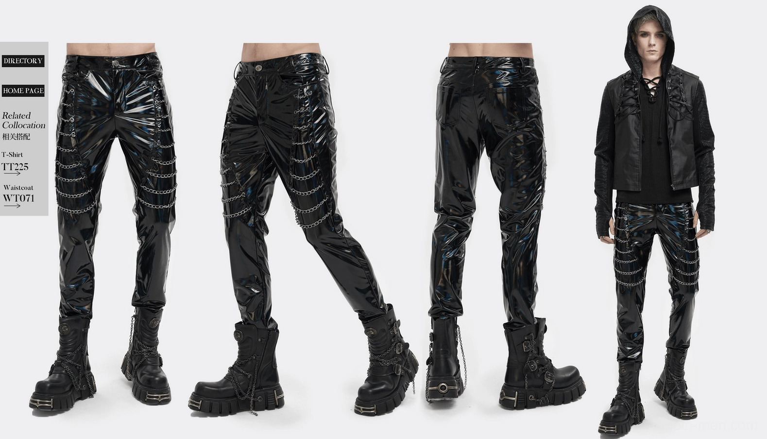 Black patent leather gothic chain pants lifestyle shot - punk slim fit trousers in alternative style context