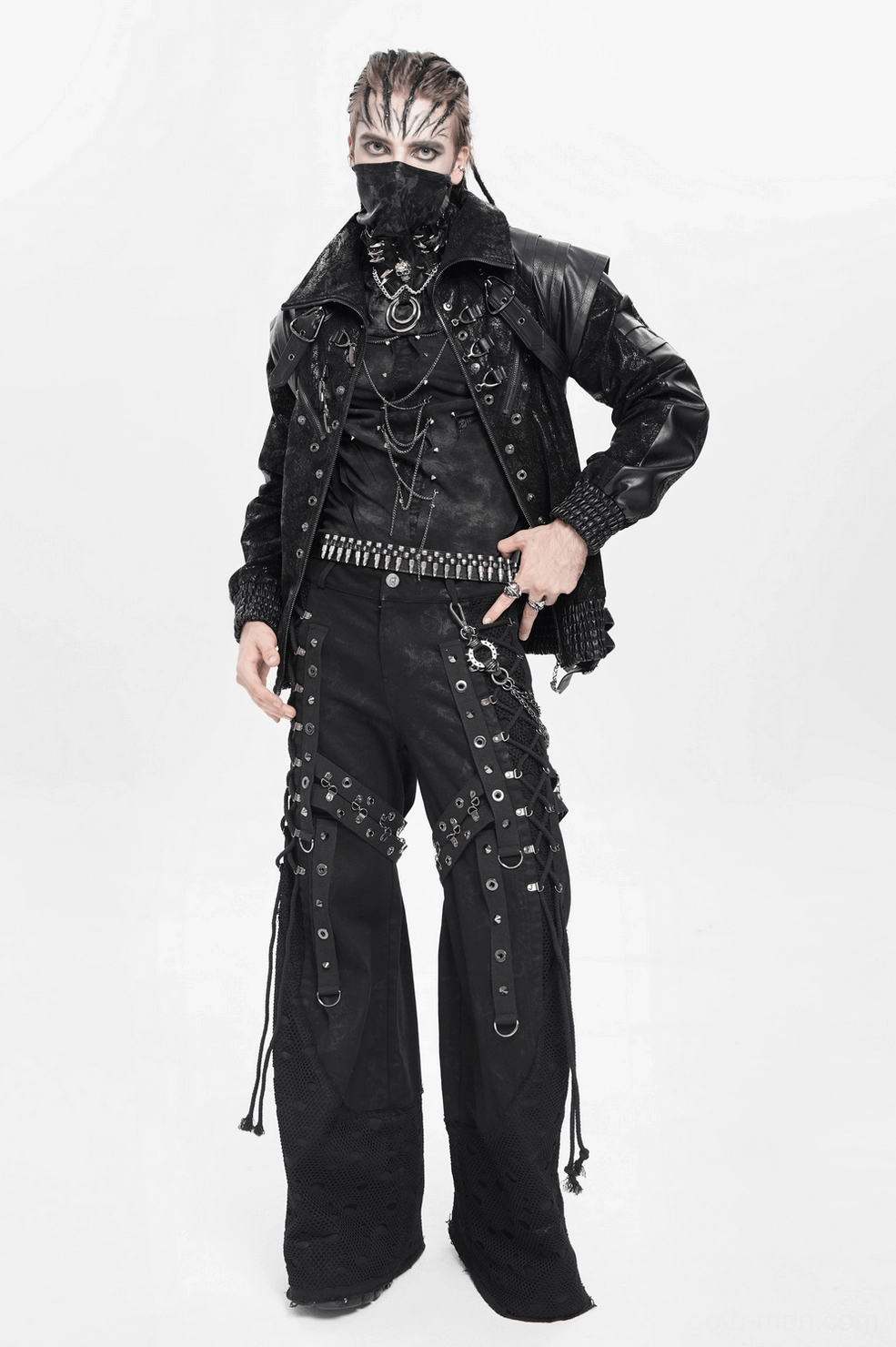 Black gothic punk pants lower leg showcasing mesh cuff design and industrial aesthetic