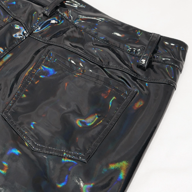 Black patent leather pants back pocket detail - close-up of stitched back pocket on glossy leather