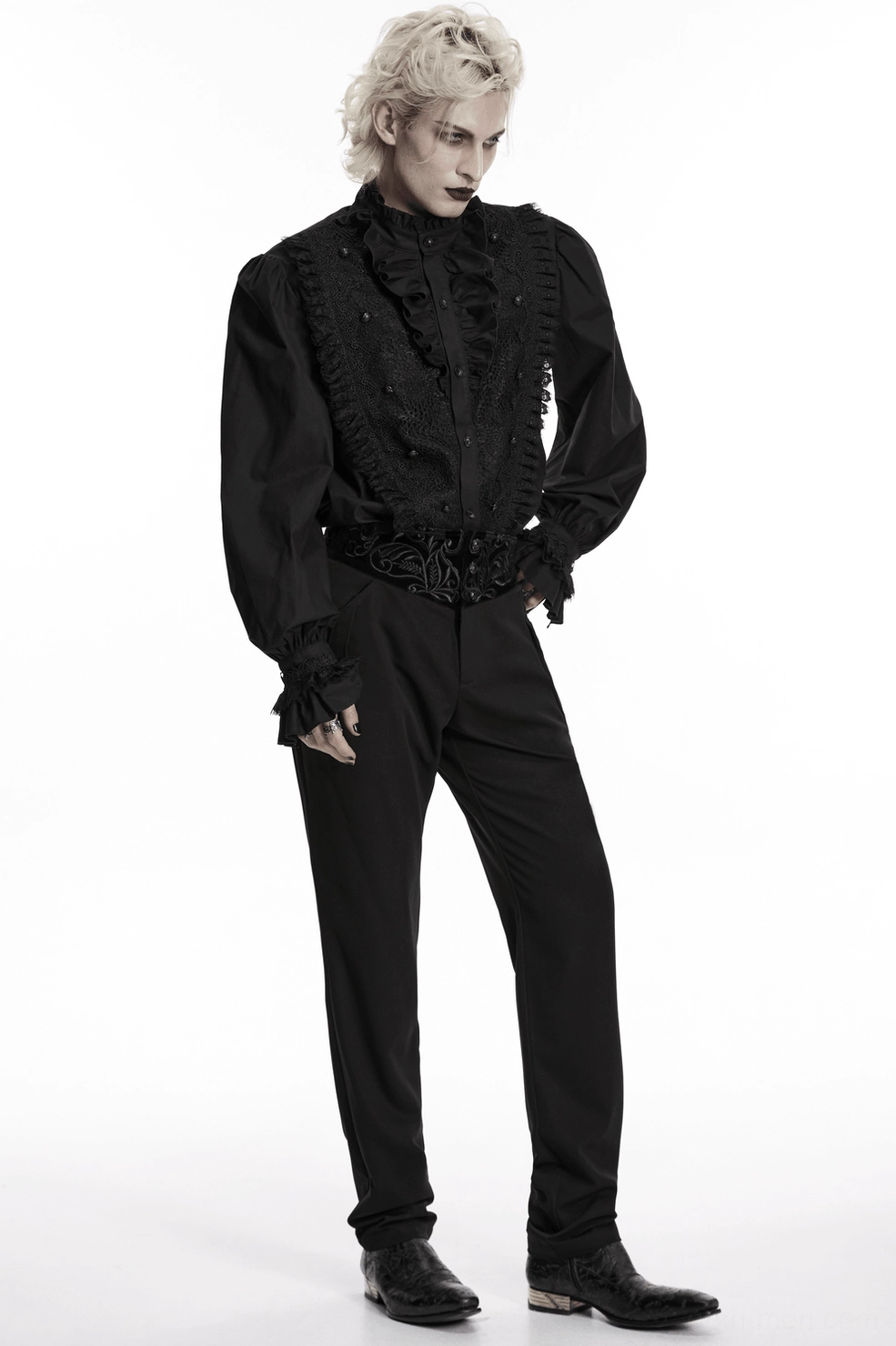 Black gothic slim-fit pants product showcase highlighting embroidered waist design