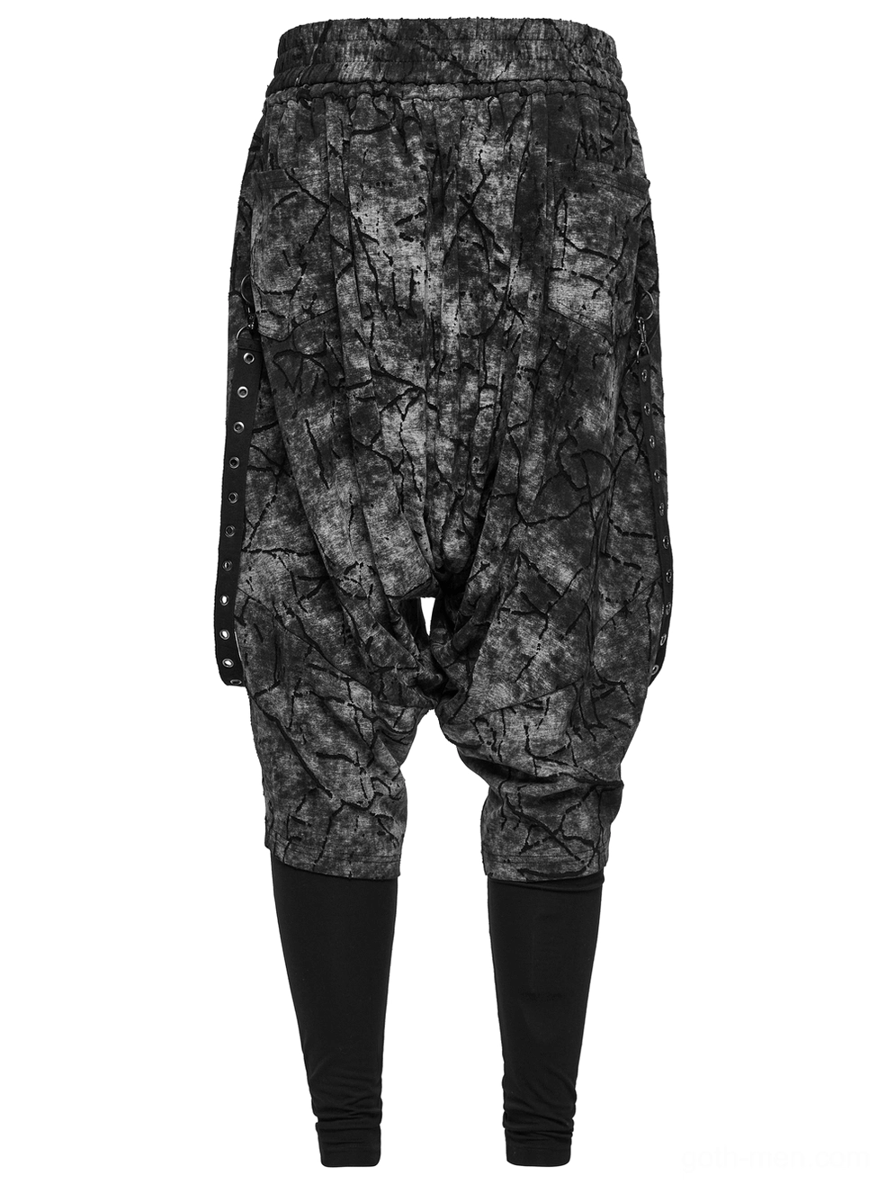 Black tie-dye gothic harem pants rear flat lay showing full cracked print pattern and attached solid black inner leggings