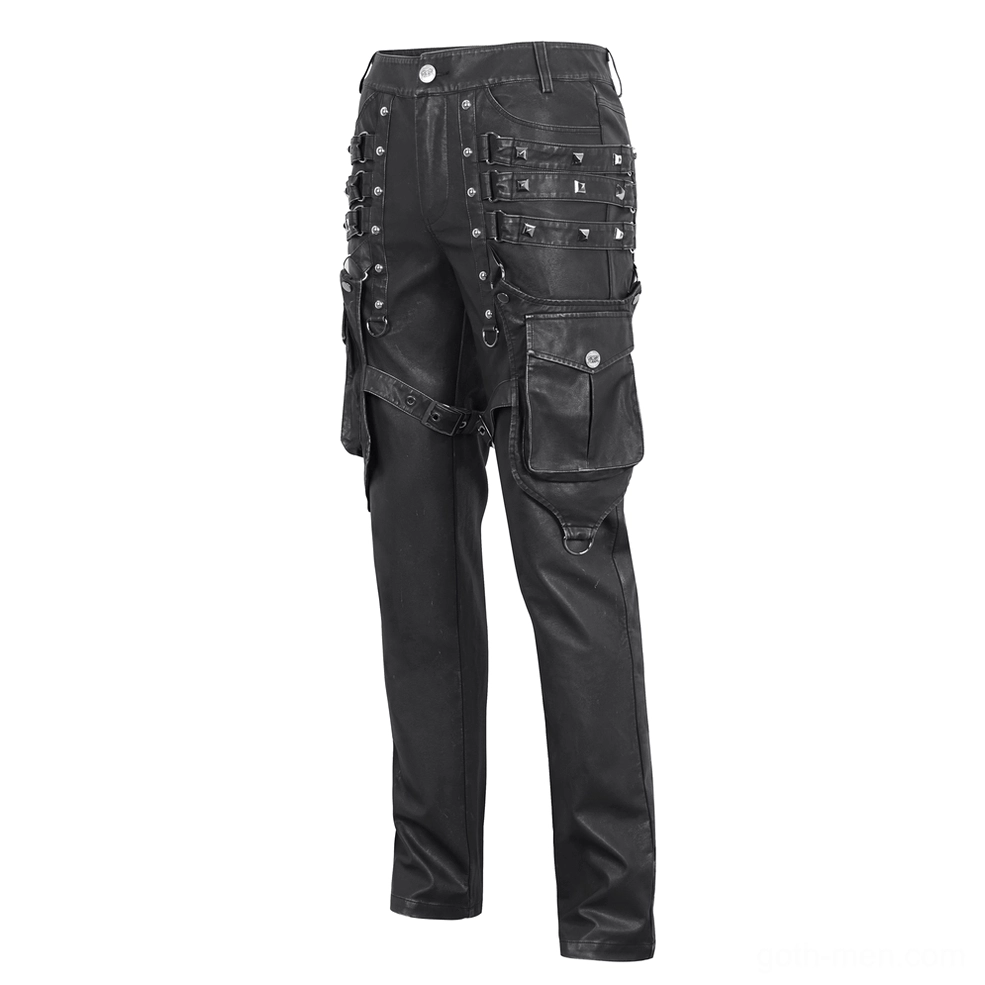 Black leather gothic cargo pants right front three-quarter view showing multi-rivet details, harness-style side pockets, and industrial buckle placement