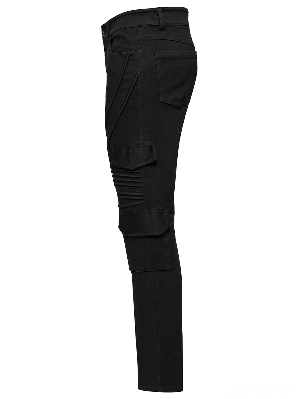 Black gothic cargo pants side flat lay showing multiple pockets and tapered fit