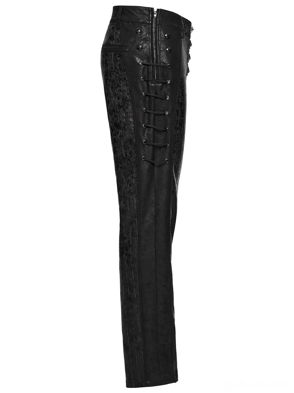 Black gothic pants side flat lay showing lace-up panels with metal eyelets and cracked leather texture