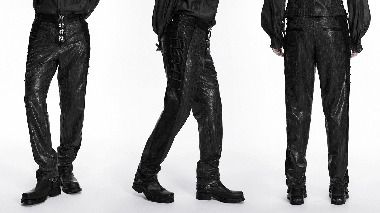 Black pinstriped cracked leather gothic pants side profile on model with lace-up panels and metal hardware