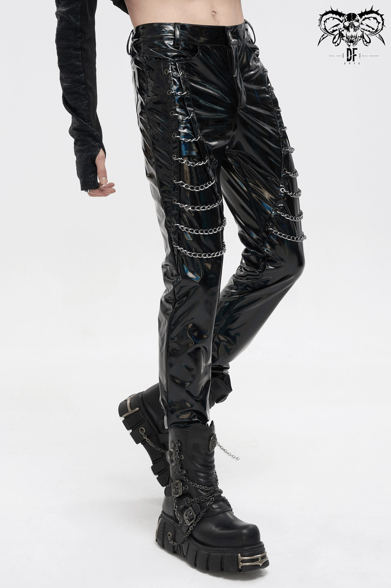 Punk patent leather trousers side profile view - black slim fit gothic pants with chains