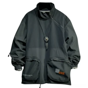 Black gothic patchwork stand collar jacket with diagonal zipper and dual cargo pockets - front view flat lay
