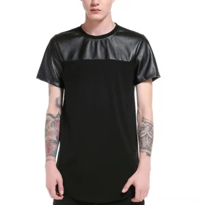 Black gothic patchwork leather t-shirt men's streetwear with faux leather shoulder and sleeve panels front view