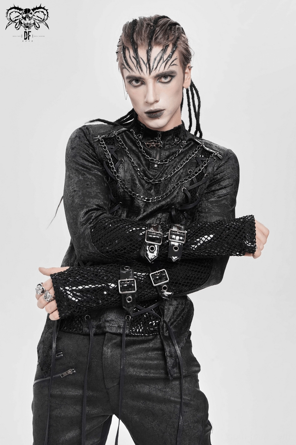 Black Gothic Pentagram Top with Layered Chain and Velvet Construction