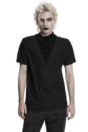 Black gothic pleated high collar t-shirt front full-body view, showing deep V-neckline with structured pleated collar and sheer floral lace panels on male model