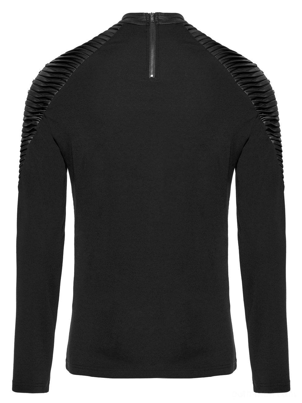 Rear flat lay of black gothic top showcasing back zipper closure and pleated shoulder details