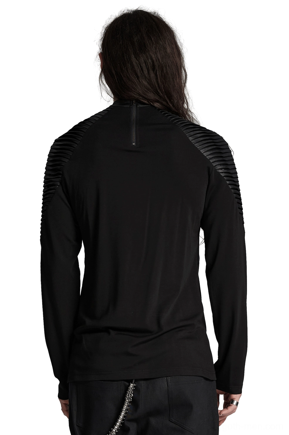 Back view of black gothic top with functional zipper and embossed shoulder panels