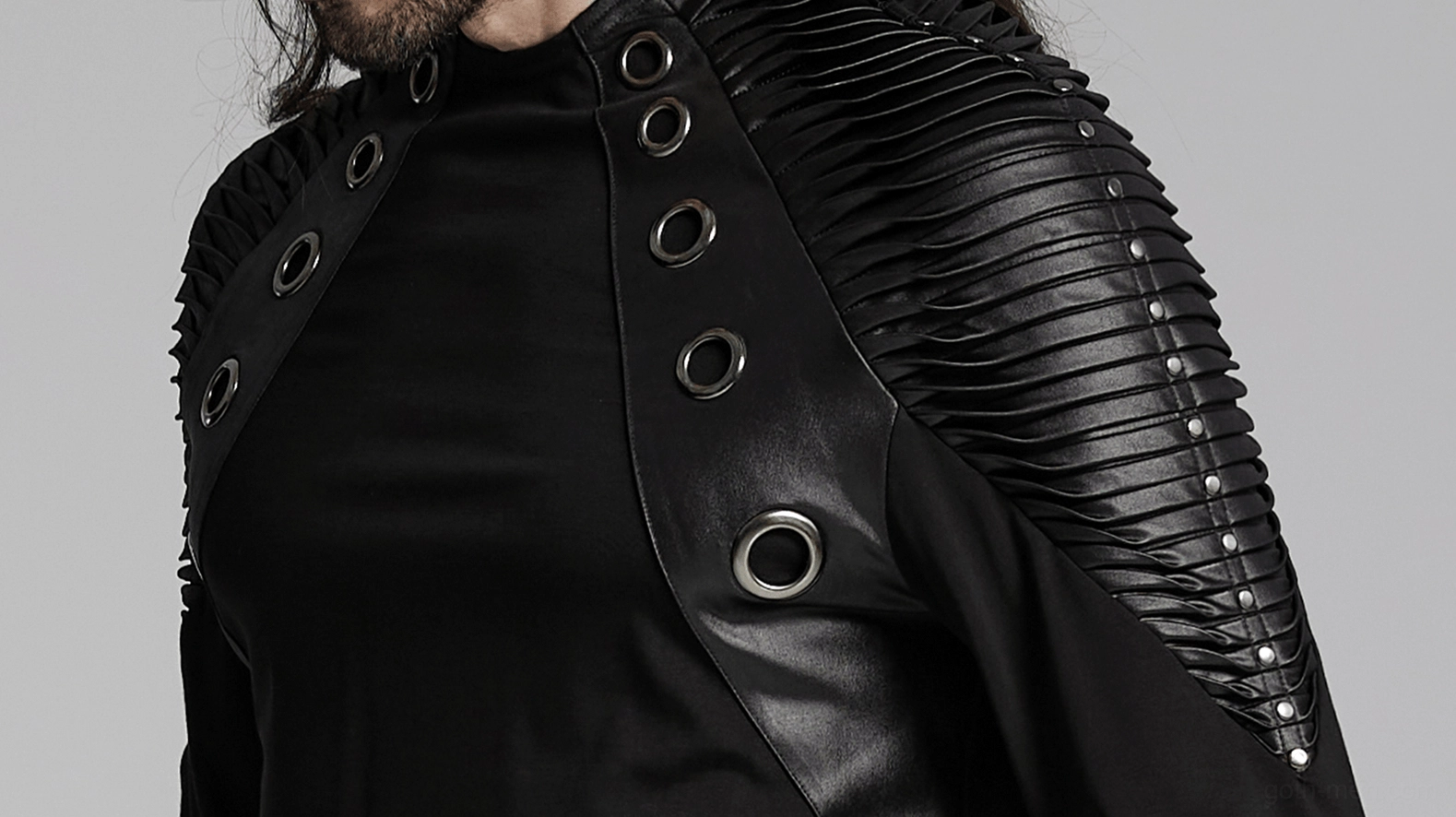 Flat lay displaying complete black gothic pleated leather shoulder rivet top