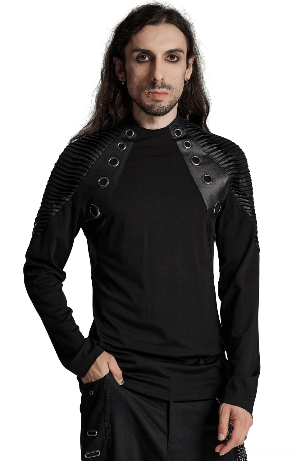 Black gothic pleated leather shoulder top with metal rivets front view on male model