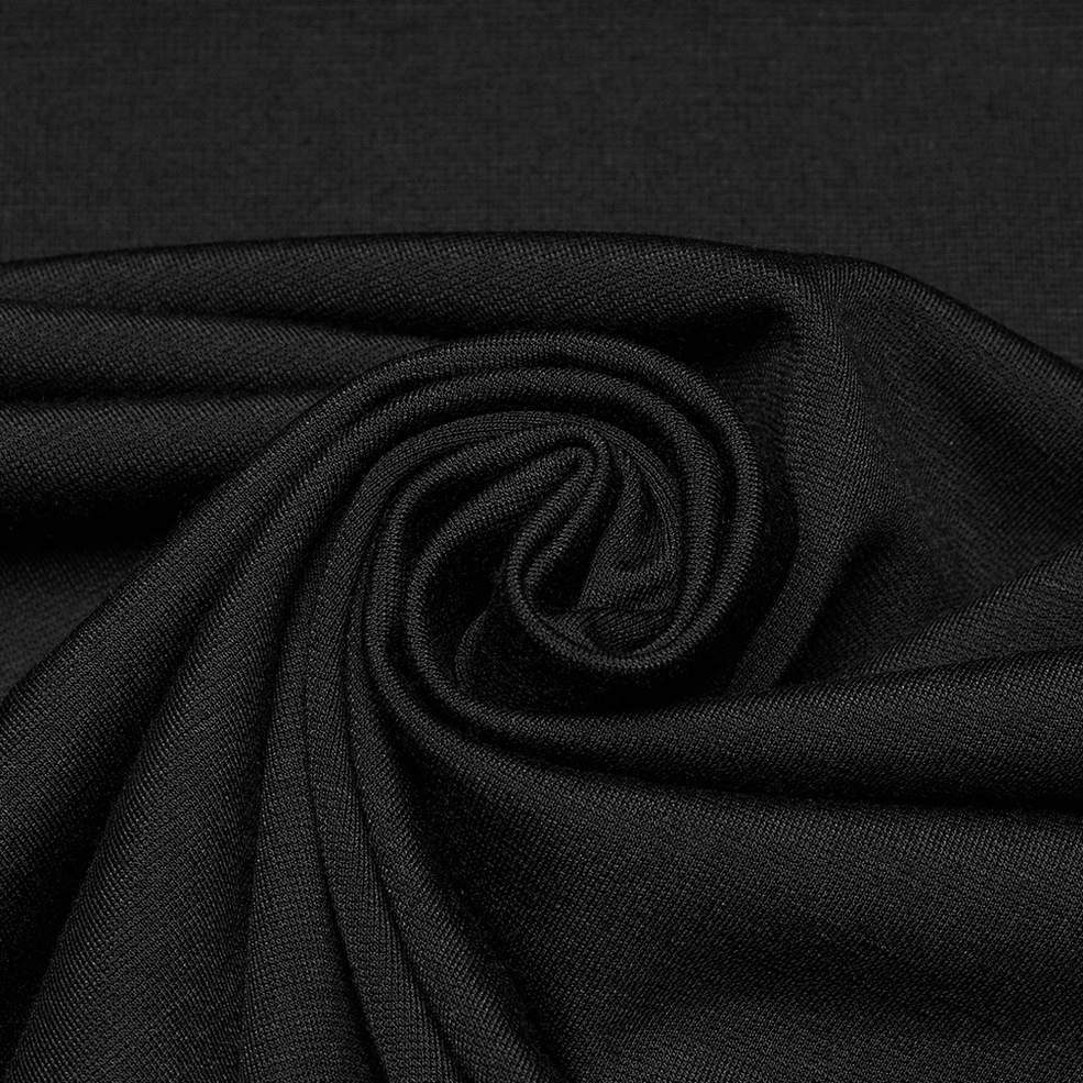 Full length black gothic pleated leather shoulder top with metal rivets displayed flat