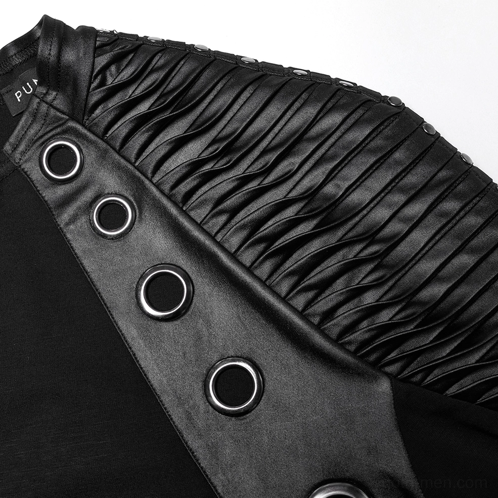 Detailed view of pleated faux leather shoulder panel with metal grommet rivets