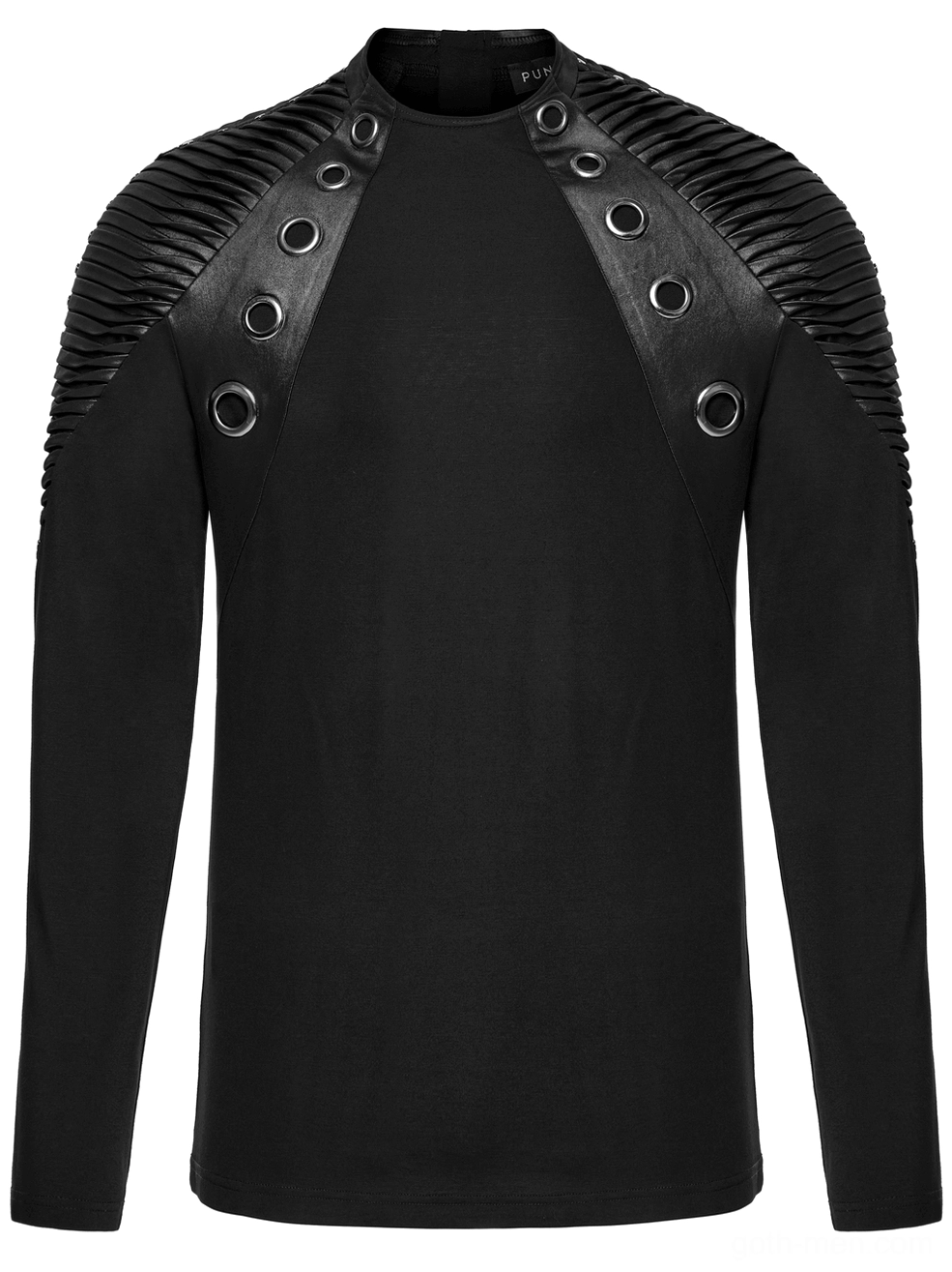 Front flat lay of black gothic long-sleeve top with pleated faux leather shoulders
