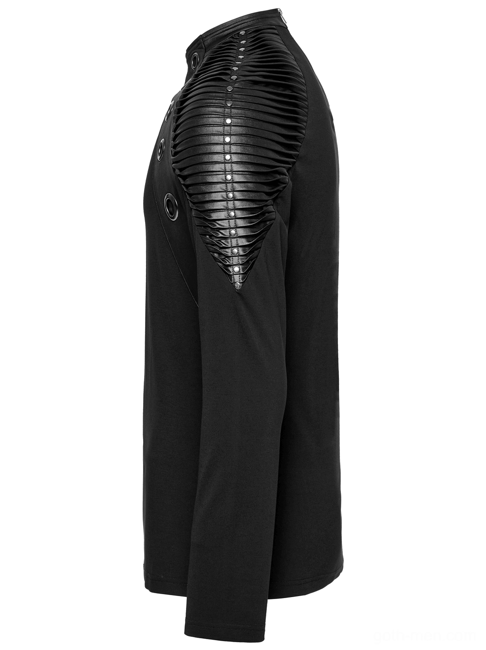 Side profile view of black gothic top showing slim fitted silhouette and structured leather accents