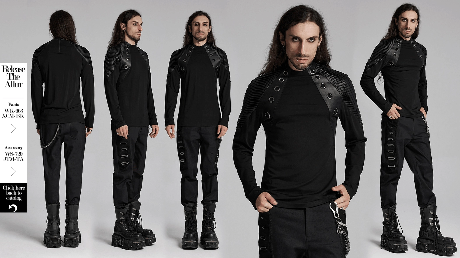 Studio view of black gothic top featuring embossed leather accents and functional back zipper