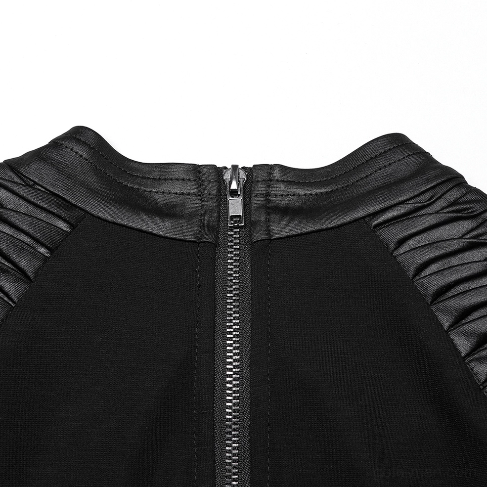 Close-up detail of back zipper and metal hardware on black gothic leather top