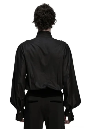 Black gothic pleated shirt with ruffled stand collar - back full body view showing fitted silhouette and gathered cuffs