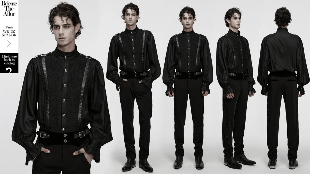 Black gothic pleated stand collar shirt - comprehensive product view displaying overall fit and architectural design elements