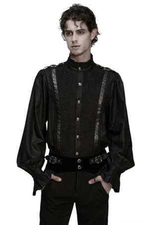 Black gothic pleated shirt with stand collar and shoulder buckles - front full body view on male model