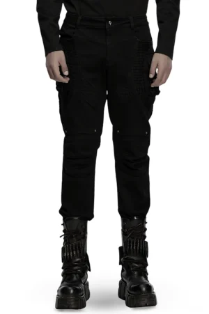 Black gothic techwear pleated pants front view with 3D knee pleats and metal rivets on male model