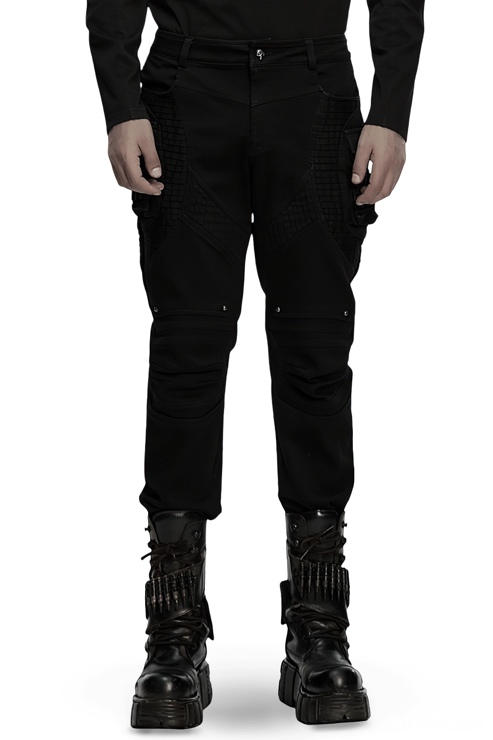 Black gothic techwear pleated pants front view with 3D knee pleats and metal rivets on male model