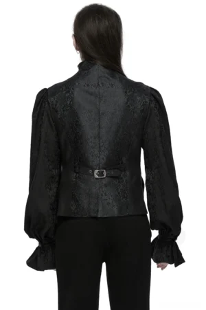Black gothic waistcoat with adjustable back buckle and pleated panels - back view on model