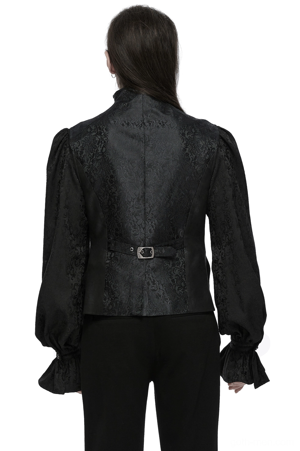 Black gothic waistcoat with adjustable back buckle and pleated panels - back view on model