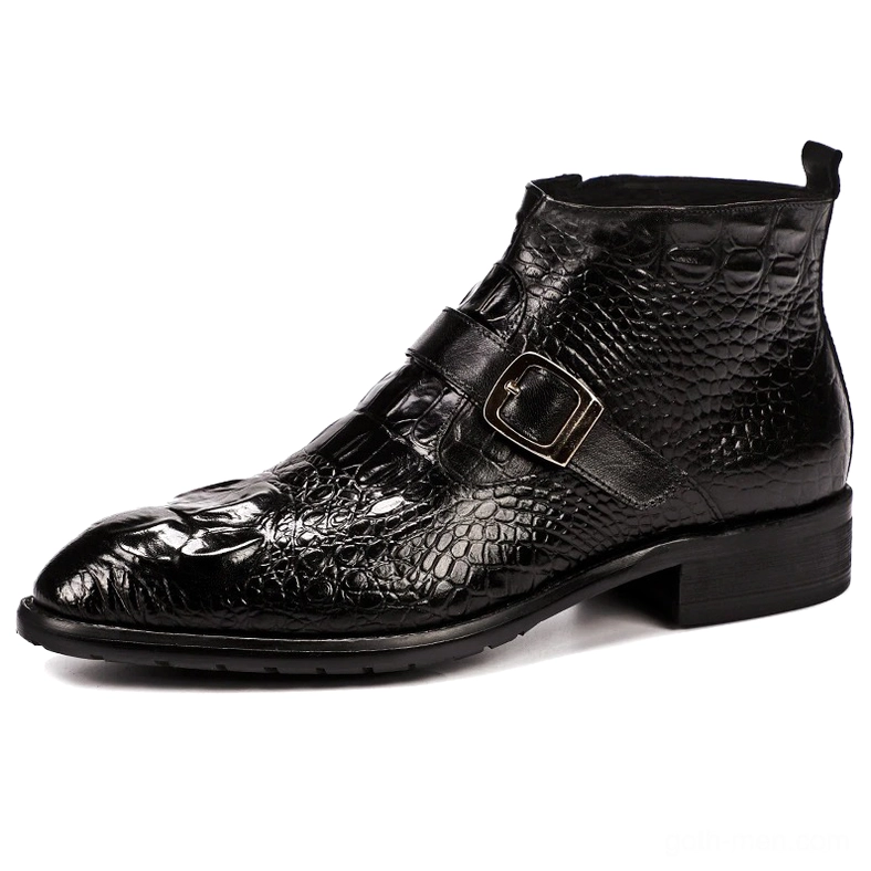 Black crocodile leather gothic boots side profile showing pointed toe and buckle detail with shiny finish