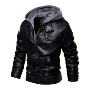 Black glossy PU leather gothic moto jacket with detachable grey fleece hood, front studio view