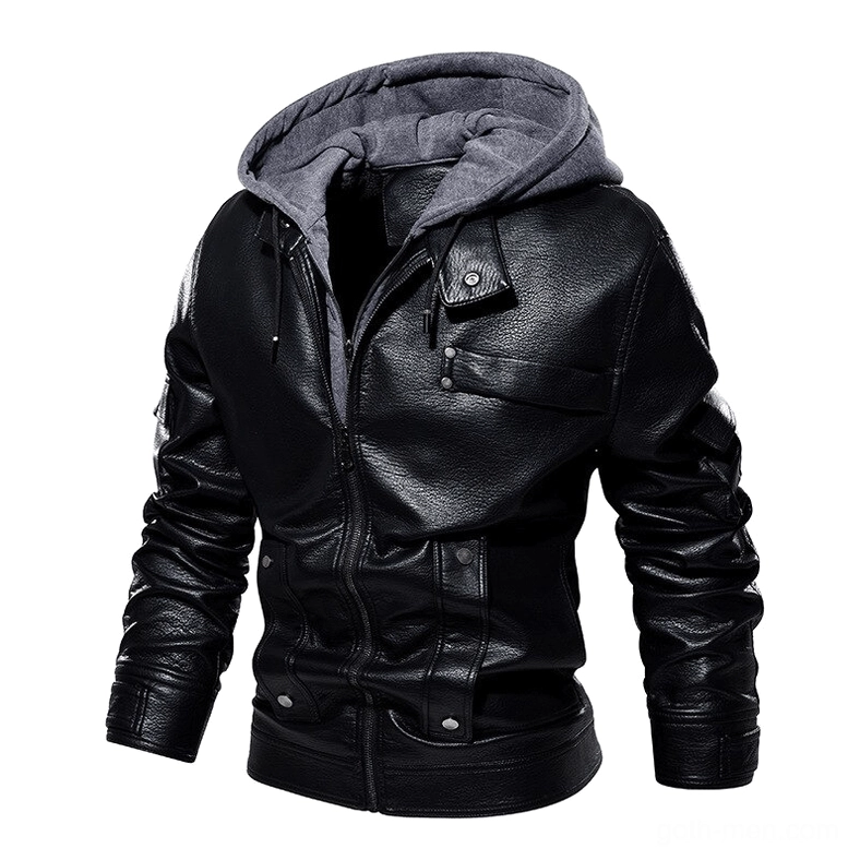 Black glossy PU leather gothic moto jacket with detachable grey fleece hood, front studio view