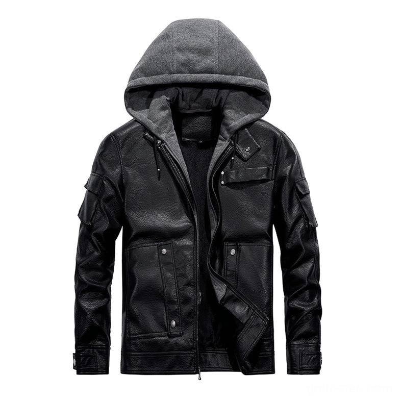Black PU leather hooded motorcycle jacket men, partially unzipped three-quarter studio view