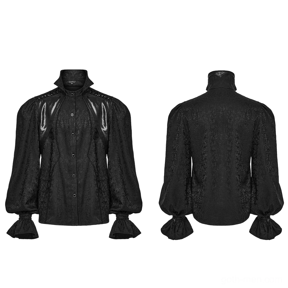 Black gothic puff sleeve shirt flat lay front and back showing full button placket and cuff details